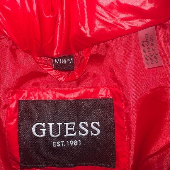 GUESS Womens High-Shine Hooded Puffer Coat Hooded Hot Orange Medium NWOT - Picture 6 of 9